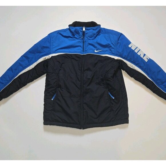 NIKE Full Zip Up Blue Black Reversible Windbreaker Jacket Boys Large Fleece Nylo - Picture 1 of 11